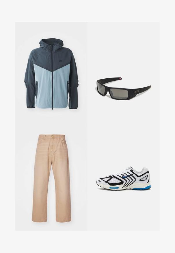 Windbreakerjack met een capuchon, rits aan de voorkant, een donkerblauw en lichtblauw color block ontwerp, en zijzakken met rits.; Zwarte sporttrui met korte mouwen met gele accenten en een cirkelvormig "90" logo. Voorzien van een groene kraag en textuurstof.; Beige wijde-jeans met een hoge taille, vijf zakken en een metalen knoopsluiting. Gemaakt van denim met een gladde textuur.; Witte sportschoen met zwarte accenten, meshpanelen en blauwe details. Beschikt over een textuurzool en slanke ontwerp lijnen.; Zwarte zonnebril met een matte afwerking, rechthoekige glazen, een lichte kromming op de slapen, subtiele logodetails en rookgetinte glazen.