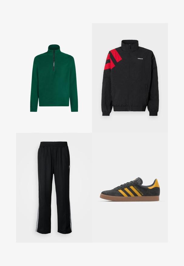 Black zip-up jacket with high collar, featuring red diagonal stripes on the left shoulder, elastic cuffs, and side pockets. White logo on chest.; Green fleece pullover with a high zip collar. Features a black zipper and a black "Polartec" logo on the sleeve. Soft texture.; Black athletic pants with an elastic waistband, featuring white side stripes and a small logo. Material appears soft and lightweight.; Black suede sneaker with yellow accents, featuring three stripes and a brown rubber sole. Includes a padded tongue for comfort.