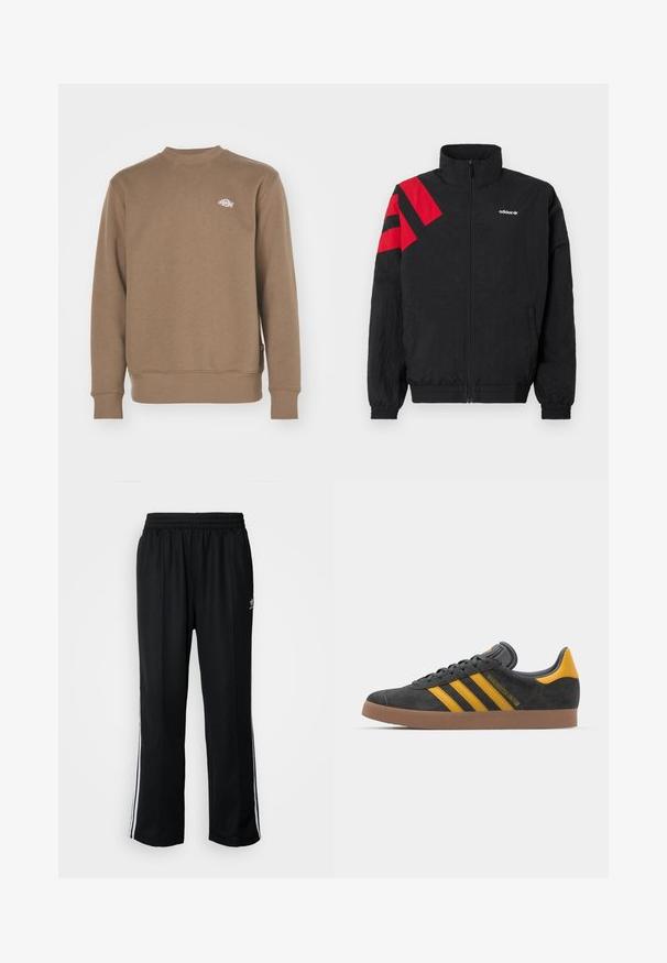 Svart glidelåsjakke med høy krage, med røde diagonale striper på venstre skulder, elastiske mansjetter og sidelommer. Hvit logo på brystet.; Dickies SUMMERDALE - Sweatshirt - mushroom; Sorte treningsbukser med elastisk midjebånd, med hvite sidestiper og en liten logo. Materialet ser mykt og lett ut.; Sort skinnesko i svart semsket skinn med gule detaljer, med tre striper og en brun gummisåle. Inkluderer en polstret tunge for komfort.