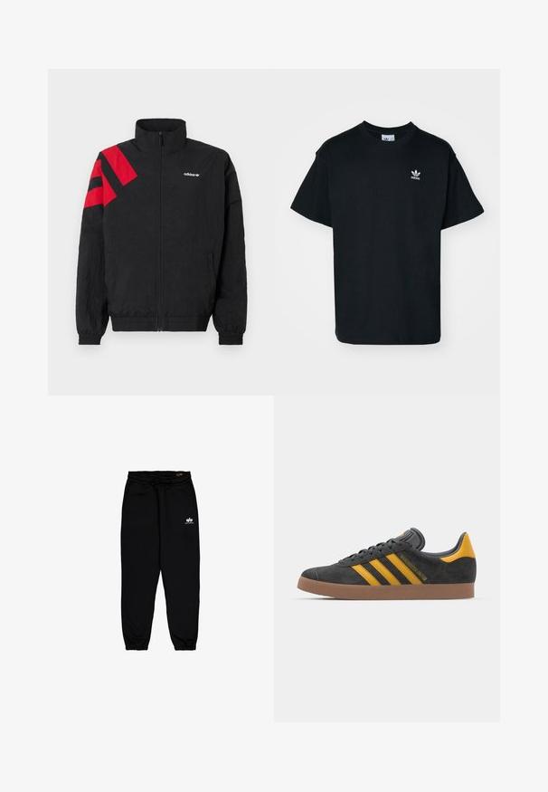 Black zip-up jacket with high collar, featuring red diagonal stripes on the left shoulder, elastic cuffs, and side pockets. White logo on chest.; Black cotton t-shirt with a crew neck and short sleeves, featuring a small white Adidas logo on the left chest area.; Black jogger pants made of soft, stretchy fabric. Features an elastic waistband with drawstring and elastic cuffs. Small white logo on hip.; Black suede sneaker with yellow accents, featuring three stripes and a brown rubber sole. Includes a padded tongue for comfort.