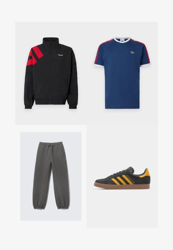 Black zip-up jacket with high collar, featuring red diagonal stripes on the left shoulder, elastic cuffs, and side pockets. White logo on chest.; Navy blue t-shirt made of soft cotton, featuring white and red stripes on sleeves, round collar, and a small gold logo on the chest.; Gray sweatpants made of soft fabric, featuring a drawstring waistband, elastic cuffs, and side pockets. Straight-leg design.; Black suede sneaker with yellow accents, featuring three stripes and a brown rubber sole. Includes a padded tongue for comfort.