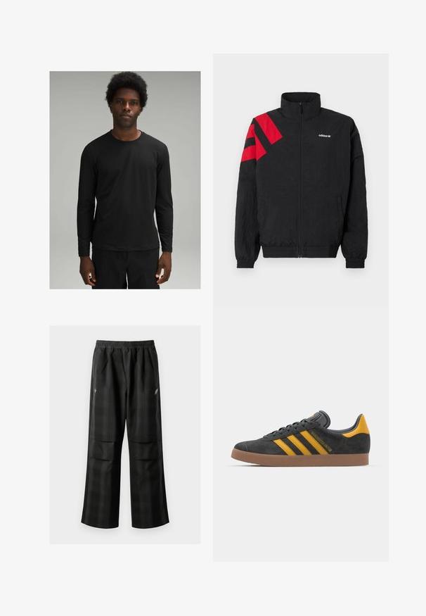 Musta vetoketjullinen takki, jossa korkea kaulus, punaiset viistot raidat vasemmalla olkapäällä, joustavat hihansuut ja sivutaskut. Valkoinen logo rinnassa.; Mustahomma musta pitkähihaine paita, jossa on pyöreä pääntie, valmistettu sileästä kankaasta, rento istuvuus ja minimaalinen saumat.; Mustat ruudulliset housut, joissa on joustava vyötärö, kaksi etutaskua ja rento istuvuus suoralla lahkeella. Valmistettu kevyestä materiaalista.; Mustat samettiset tennarit, joissa on keltaisia yksityiskohtia, kolmonen raita ja ruskea kumipohja. Sisältää pehmustetun kielisen mukavuutta varten.