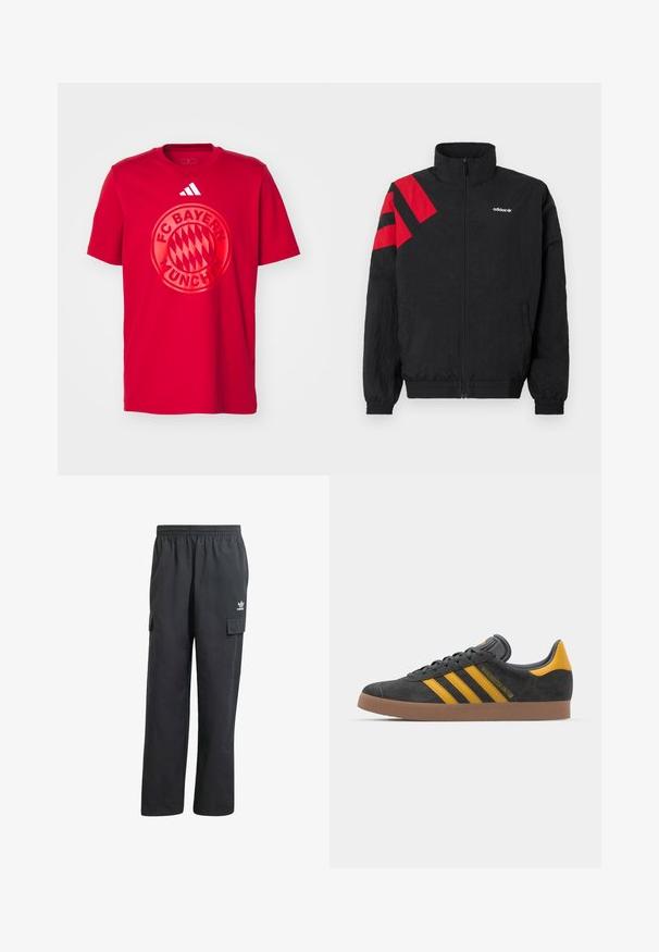 Casaco preto com fecho de correr e gola alta, apresentando riscas diagonais vermelhas no ombro esquerdo, punhos elásticos e bolsos laterais. Logótipo branco no peito.; T-shirt de algodão vermelho com um grande logotipo circular do FC Bayern München no centro. Logotipo das três riscas da Adidas no canto superior direito.; Calças cargo pretas com um cós elástico, dois bolsos laterais e um logótipo subtil na coxa esquerda. Feitas de um tecido leve.; Tenis em camurça preta com detalhes amarelos, apresentando três riscas e uma sola de borracha castanha. Inclui uma língua acolchoada para maior conforto.