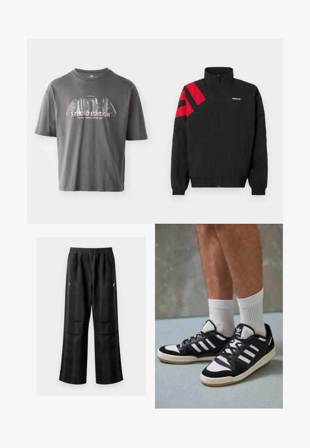 Črna jakna z zadrgo in visokim ovratnikom, z rdečimi diagonalnimi črtami na levem rami, elastičnimi manšetami in stranskimi žepi. Bel logotip na prsih.; Siva bombažna majica s kratkimi rokavi, ki ima sijoč logotip "ALPHA STUDIO EDITION" v večbarvnem tisku, nameščenem na sprednji strani.; Črne karirane hlače z elastičnim pasom, dvema sprednjima žepoma in ohlapnim krojem s pravimi nogavicami. Narejene so iz lahke tkanine.; Črno-bele superge z zgornjim delom iz usnja in nubuka, ki imajo tri bele črte, perforiran vrh prstov in podplat iz gume.