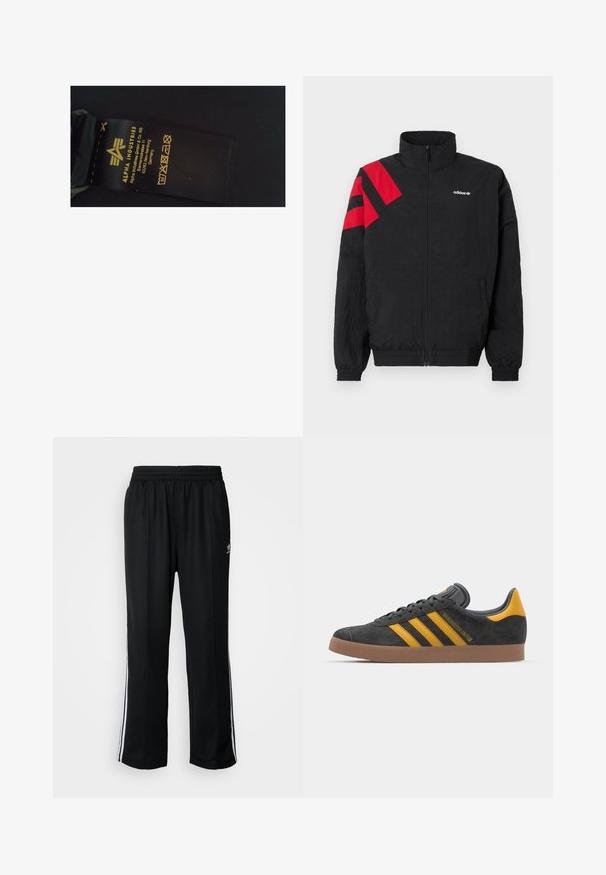 Zwarte jas met ritssluiting en hoge kraag, met rode diagonale strepen op de linkerschouder, elastische manchetten en zijzakken. Wit logo op de borst.; Zwart stoffen waslabel met gele tekst met daarop de merknaam "Alpha Industries", wasinstructies en fabricagegegevens.; Zwarte sportbroeken met een elastische tailleband, voorzien van witte zijkanten en een klein logo. Het materiaal lijkt zacht en lichtgewicht te zijn.; Zwarte suède sneakers met gele accenten, voorzien van drie strepen en een bruine rubberen zool. Inclusief een gevoerde tong voor comfort.