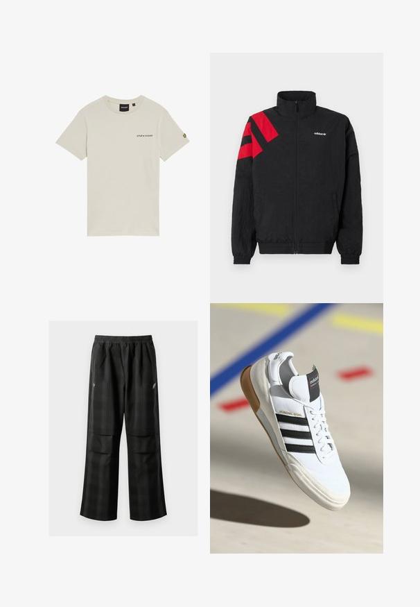 Jachetă neagră cu fermoar și guler înalt, cu dungi diagonale roșii pe umărul stâng, manșete elastice și buzunare laterale. Logo alb pe piept.; Tricou din bumbac bej cu guler rotund, mâneci scurte și un mic logo "LYLE & SCOTT" imprimat pe piept. Prezintă un logo brodat pe mânecă.; Pantaloni cu un model carourile negre, având talie elastică, două buzunare frontale și un croi lejer cu picioare drepte. Construiți dintr-un material ușor.; Sneaker alb Adidas Mundial Goal cu dungi negre și talpă din cauciuc, prezentat în aer deasupra unei suprafețe de teren sportiv cu linii colorate.