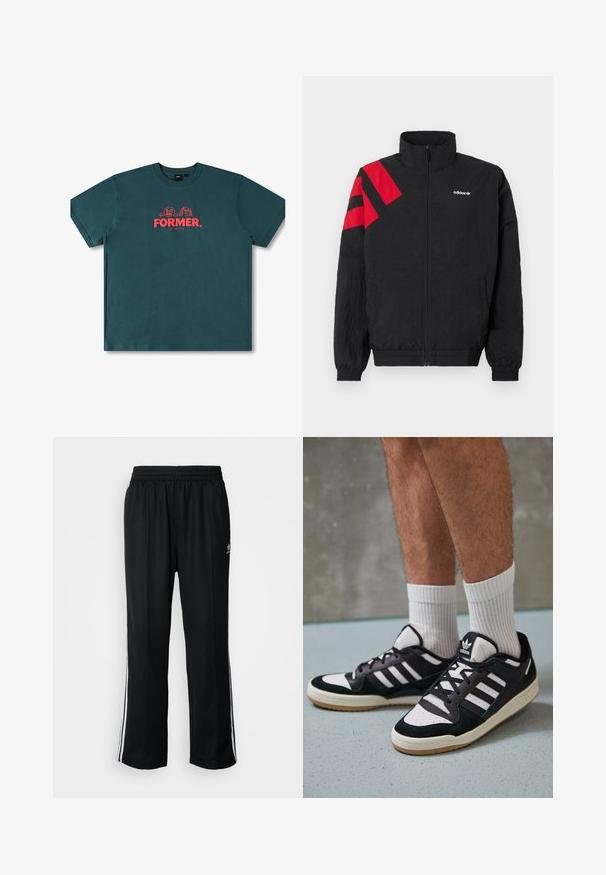 Black zip-up jacket with high collar, featuring red diagonal stripes on the left shoulder, elastic cuffs, and side pockets. White logo on chest.; Teal cotton t-shirt featuring short sleeves, a crew neck, and a central graphic with the text "FORMER." and playful characters in red.; Black athletic pants with an elastic waistband, featuring white side stripes and a small logo. Material appears soft and lightweight.; Black and white sneakers with a suede and leather upper, featuring three white stripes, a perforated toe, and a gum rubber sole.