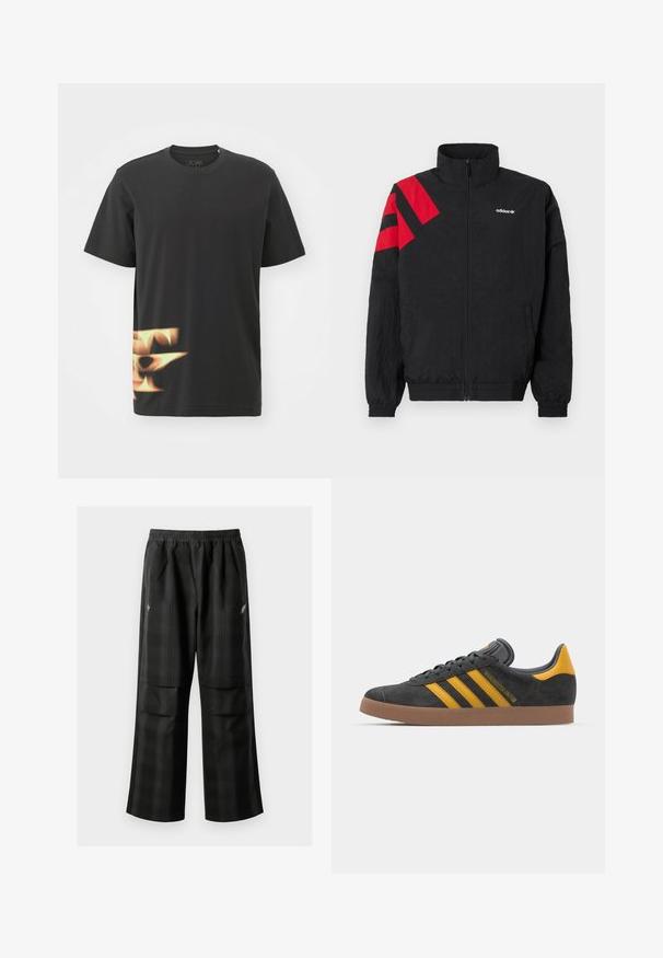 Schwarze Jacke mit Reißverschluss und hohem Kragen, mit roten diagonalen Streifen auf der linken Schulter, elastischen Bündchen und seitlichen Taschen. Weißes Logo auf der Brust.; adidas Performance TRAE TEE - T-Shirt print - black; Schwarze karierte Hosen mit elastischem Bund, zwei Fronttaschen und lockerer Passform im geraden Beinschnitt. Hergestellt aus leichtem Material.; Schwarze Wildledersneaker mit gelben Akzenten, ausgestattet mit drei Streifen und einer braunen Gummisohle. Enthält eine gepolsterte Zunge für zusätzlichen Komfort.