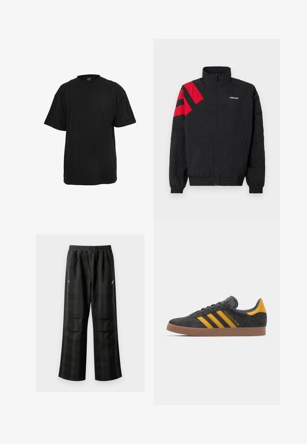 Fekete, cipzáros kabát magas gallérral, bal vállnál piros átlós csíkokkal, elasztikus mandzsettákkal és oldalzsebekkel. Fehér logó a mellkason.; Fekete pamut póló, laza fit, rövid ujjú, kerek nyakkivágással és sima, egyenletes textúrával. Nincsenek látható logók vagy minták.; Fekete kockás nadrág, rugalmas derékkal, két elülső zsebbel és laza, egyenes szárú fazonnal. Könnyű anyagból készült.; Fekete velúrbőr sportcipő sárga díszítéssel, három csíkkal és barna gumitalppal. Párnázott nyelvével a kényelem érdekében.