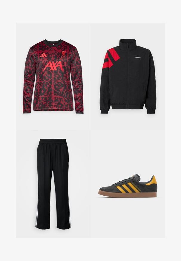 Zwarte jas met ritssluiting en hoge kraag, met rode diagonale strepen op de linkerschouder, elastische manchetten en zijzakken. Wit logo op de borst.; adidas Performance LIVERPOOL FC 25/26 PRE MATCH WARM TOP - Fanartikel - black/pure ruby; Zwarte sportbroeken met een elastische tailleband, voorzien van witte zijkanten en een klein logo. Het materiaal lijkt zacht en lichtgewicht te zijn.; Zwarte suède sneakers met gele accenten, voorzien van drie strepen en een bruine rubberen zool. Inclusief een gevoerde tong voor comfort.