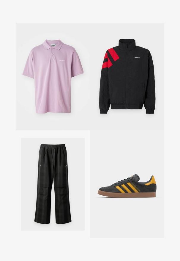 Black zip-up jacket with high collar, featuring red diagonal stripes on the left shoulder, elastic cuffs, and side pockets. White logo on chest.; Light purple polo shirt with a three-button placket, short sleeves, and a small white embroidered logo on the chest. Cotton material.; Black plaid pants featuring an elastic waistband, two front pockets, and a loose fit with a straight leg design. Made from lightweight material.; Black suede sneaker with yellow accents, featuring three stripes and a brown rubber sole. Includes a padded tongue for comfort.