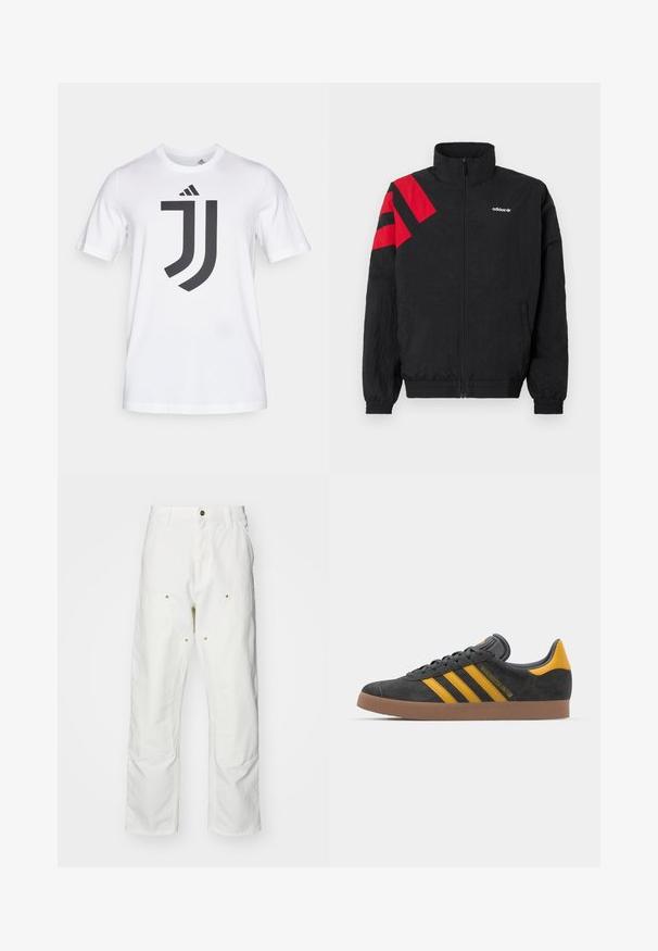 Sort lynlåsjakke med høj krave, med røde diagonale striber på venstre skulder, elastiske manchetter og sidelommer. Hvidt logo på brystet.; Hvid bomulds T-shirt med korte ærmer, der har et stort sort Juventus-logo design på forsiden. Rund halsudskæring, normal pasform.; Hvide bomulds cargo bukser med en afslappet pasform. Funktioner inkluderer for- og baglommer, guldfarvede hardware detaljer og forstærkede knæsektioner.; Sort suedet sneaker med gule accenter, der har tre striber og en brun gummisål. Inkluderer en polstret tunge for komfort.