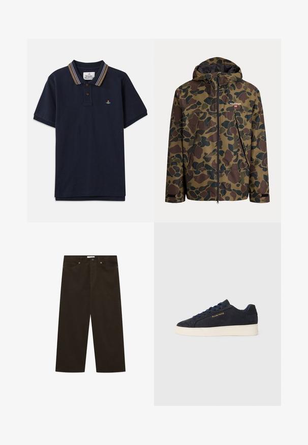 Maskáčová bunda v odstínech zelené a hnědé, vyrobená z voděodolného materiálu. Má přední zip, nastavitelnou kapuci a logo.; Námořnická polo triko vyrobené z bavlny, s dvoubarevným zapínáním na knoflíky, pruhovaným límcem v krémové, hnědé a fialové barvě, s malým vyšitým logem.; Hnědé kordové kalhoty s širokým střihem, se svislým žebrovaným vzorem, předním zapínáním na knoflík a standardními kapsami.; Námornická modrá semišová nízká obuv s bílou podrážkou, námořnickými tkaničkami a zlatým logem "Filling Pieces" na boku.