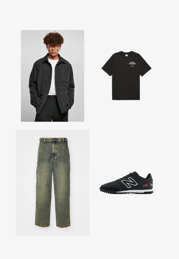 Sort button-up jakke lavet af letvægtsstof, med en brystlomme, spids krave og en afslappet pasform. Båret over en hvid t-shirt.; Sort bomulds T-shirt med korte raglanærmer. Forsiden har hvid "PUMA" logo og "est. 48" tekst. Klassisk, afslappet pasform.; Slidse denim jeans i en falmet blå og grøn vask. Har en knaplukning, bælteløkker og sidelommer. Flad front og lige ben-design.; Sort atletisk sko med et struktureret læderoverdel, sølv logo, hvid mellemsål og sort gummisål. Har pink accenter og snørebånd.