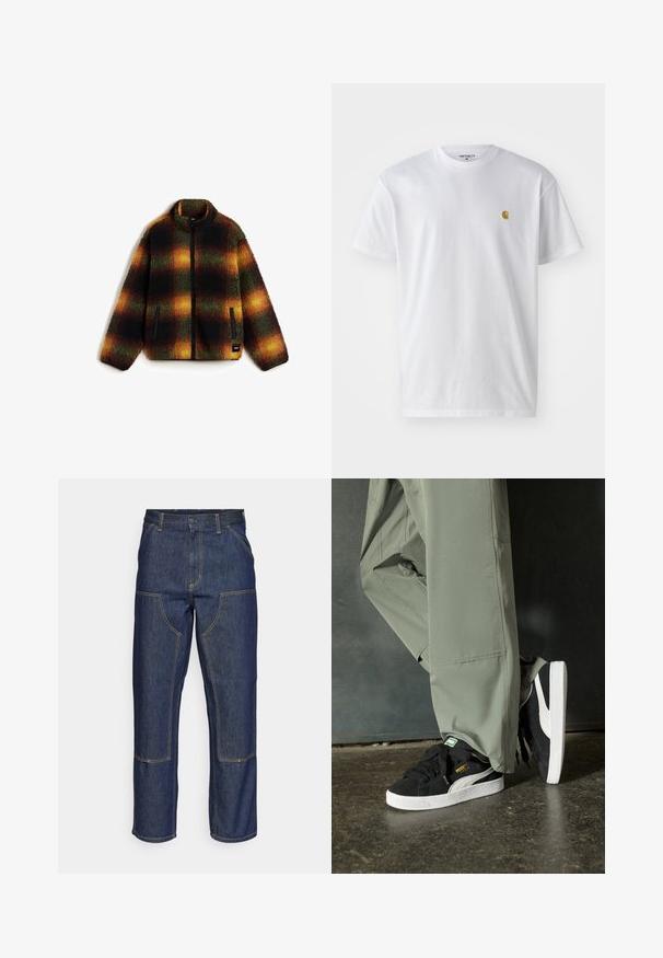 Fleece-takki ruutukuviossa, jossa on musta, vihreä, oranssi ja keltainen väri. Sisältää vetskaria edessä ja sivutaskut.; Valkoinen puuvillapaita lyhyillä hihoilla, pyöreä kaula-aukko, jossa on pieni kultainen logo vasemmassa rintapielessä. Pehmeä kangas ja normaali istuvuus.; Tummansiniset farkut, joissa on korkea vyötärö, suora lahje, eriväriset ompeleet ja etupuolella pakki-taskut.; Mustat mokkakengät, joissa on valkoiset kumipohjat ja sivuraitoja, yhdistettynä vaaleanvihreisiin cargo-housuihin, seisoen tummalla teksturoidulla pinnalla.