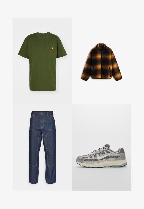 Giacca in pile con motivo a quadri caratterizzata dai colori nero, verde, arancio e giallo. Include una zip frontale e tasche laterali.; Carhartt WIP AMERICAN SCRIPT - T-shirt basic - tarragon; Jeans in denim blu scuro con vita alta, design a gamba dritta, cuciture a contrasto e tasche applicate sulla parte frontale.; Scarpa sportiva grigia con tomaia in mesh e suede, dettagli bianchi, suola ammortizzata e un design distintivo con elementi riflettenti.