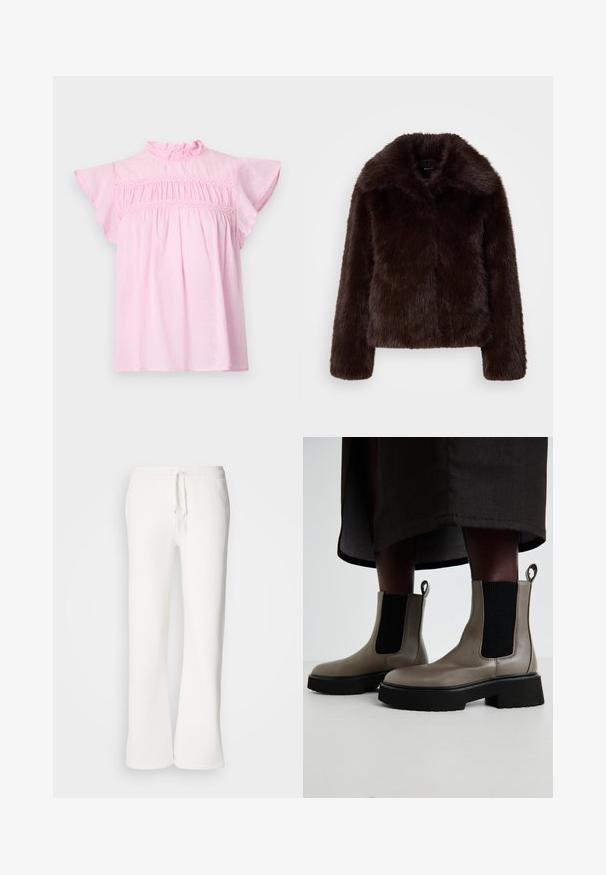 Veste en fausse fourrure marron avec un col haut et des manches longues, présentant une texture douce et duveteuse ainsi qu'une coupe ajustée.; Blouse en coton rose avec un col volanté, des manches légères et un corsage froncé agrémenté de dentelle décorative. Texture à pois subtil.; Pantalons de jogging blancs, à coupe décontractée, fabriqués en tissu doux, dotés d'une taille élastique avec cordon de serrage et d'une conception à jambe droite.; Bottes chelsea grises en cuir texturé avec des panneaux latéraux élastiques et une semelle épaisse noire. Équipées de languettes pour un enfilage facile.