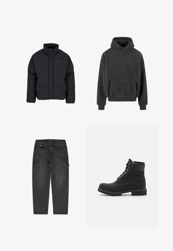 Chaqueta de plumas negra con cuello alto, diseño acolchado y cremallera frontal. Presenta un logo sutil en el pecho, confeccionada con tela texturizada.; Sudadera de forro polar en gris oscuro con una superficie texturizada, un bolsillo tipo canguro y puños y dobladillo acanalados. Presenta un pequeño logo en el pecho.; Pantalones cargo de mezclilla negra con un corte relajado, costuras visibles, bolsillos frontales y laterales, y un lazo en el muslo para utilidad.; Botín negro de ante con suela de goma, con ojales de metal, cordones y un suave cuello de piel sintética en la parte superior.