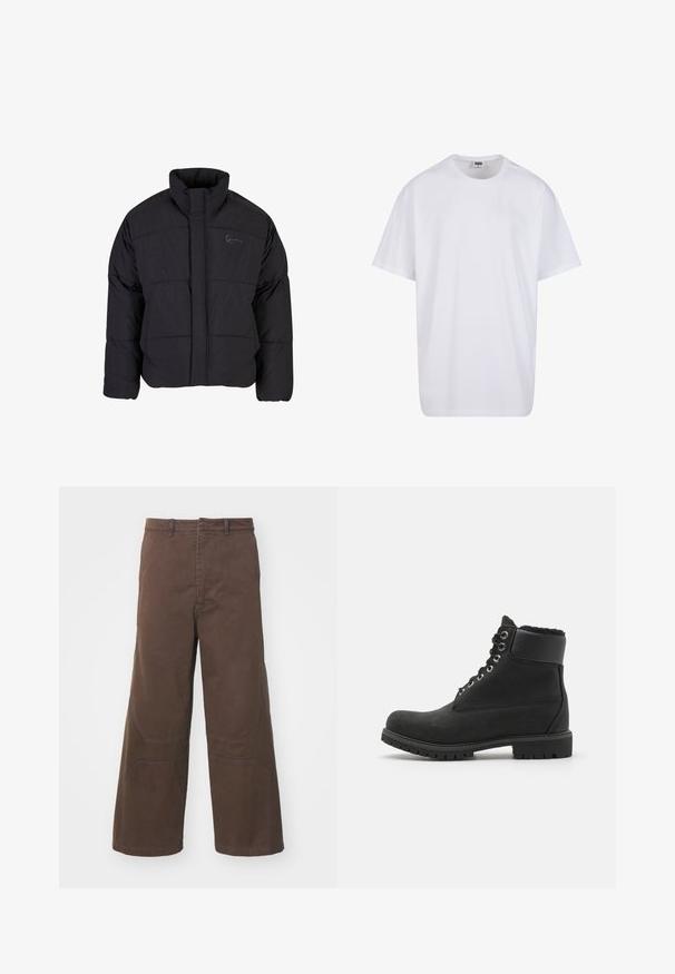 Veste doudoune noire avec un col haut, un design matelassé et une fermeture éclair à l'avant. Présente un logo discret sur la poitrine, fabriquée à partir d'un tissu texturé.; T-shirt en coton blanc avec des manches courtes, un col rond, une coupe décontractée et sans logos ni motifs visibles. Texture lisse et design minimaliste.; Pantalons larges marron en coton durable. Comprend des poches à rabat à l'avant et des détails de genou renforcés pour une fonctionnalité accrue.; Bottines noires en daim avec une semelle en caoutchouc, dotées d'œillets en métal, de lacets et d'un col en fausse fourrure douce autour du haut.