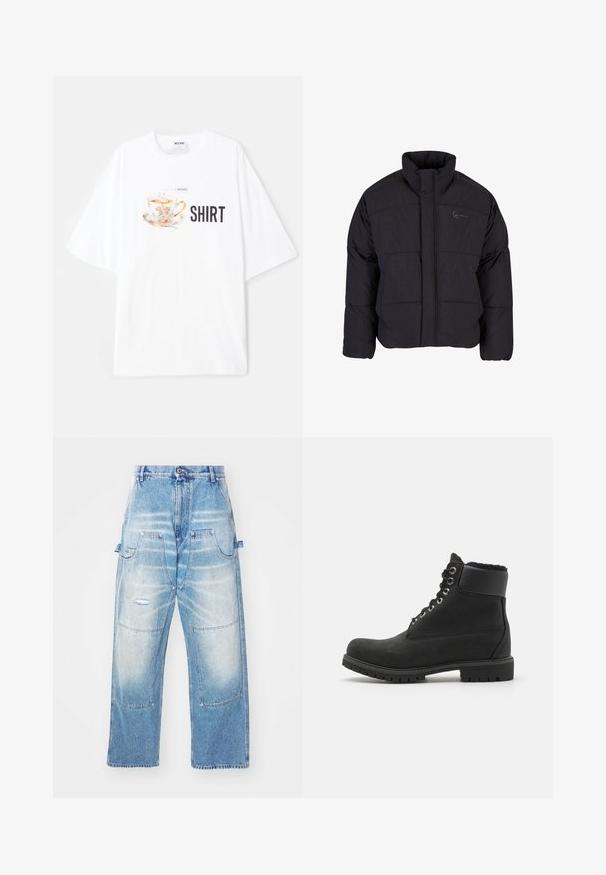 Zwarte pufferjack met een hoge kraag, gequilt ontwerp en een ritssluiting aan de voorkant. Bevat een subtiel logo op de borst, gemaakt van gestructureerde stof.; Witte oversized t-shirt met een kleurrijke theekop graphic met bloemen-onderdelen en het woord "SHIRT" in vetgedrukte zwarte letters eronder.; Lichtblauwe spijkerbroek met een losse pasvorm, voorzien van meerdere zakken, versleten details en een vervaagde afwerking. Rechtovereinde ontwerp.; Zwarte enkelboot van suede met een rubberen zool, voorzien van metalen oogjes, veters en een zachte nepbontkraag rondom de bovenkant.