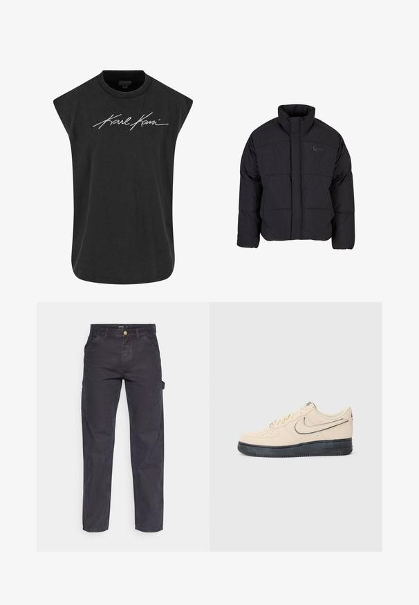 Chaqueta de plumas negra con cuello alto, diseño acolchado y cremallera frontal. Presenta un logo sutil en el pecho, confeccionada con tela texturizada.; Karl Kani AUTOGRAPH WASHED SLEEVELESS - Top - black; Pantalones cargo de color gris oscuro, confeccionados con un tejido duradero, que presentan un corte recto, cinco bolsillos y un cierre de botón en la cintura.; Zapatillas Nike Air Force 1 de ante beige con suela de goma negra, detalles bordados, puntera perforada y un prominente logo swoosh.