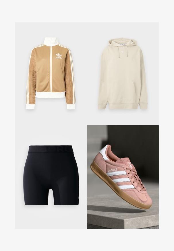 Casaco de fecho éclair em tom de bege com detalhes brancos e três riscas brancas nas mangas. Apresenta um design texturizado na trama de uma das mangas. Logotipo da Adidas no peito.; Sweatshirt bege com capuz feito de algodão, com bolso frontal, punhos canelados e um pequeno logótipo branco no peito. Textura macia.; Calções atléticos pretos com uma cinta larga texturizada que exibe o nome da marca, tecido suave e um design ajustado. Sem bolsos.; Sapatilhas em camurça rosa com riscas brancas, sola de borracha, parte superior texturizada e logótipo na língua. Design clássico de cano baixo.
