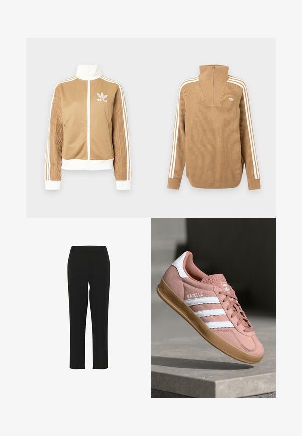 Tā tan krāsa zip-up jakas ar baltajiem akcentiem un trim baltām svītrām uz piedurknēm. Izceļas ar teksturētu aušanas dizainu uz vienas piedurknes. Adidas logo uz krūšu daļas.; Brūns ribots džemperis ar augstu apkakli un pusi ar rāvējslēdzēju, kuram ir trīs baltas svītras pa piedurknēm un mazs logo uz krūtīm.; Melnas bikses ar taisnu kāju dizainu, kurām ir gluda tekstūra, pieguļošs jostasvieta un nav redzamu rotājumu vai rakstu.; Rozā zamša sporta apavi ar baltām svītrām, gumijas zole, teksturēts augšdaļas materiāls un logo uz mēles. Klasisks zema profila dizains.