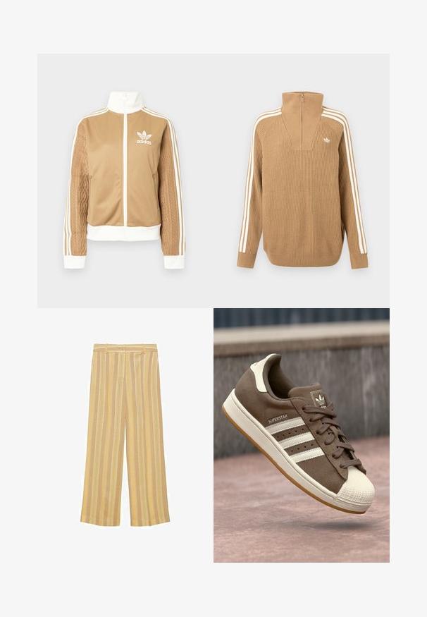 Hnědá zipová bunda s bílými akcenty a třemi bílými pruhy na rukávech. Obsahuje texturovaný tkaný design na jednom rukávu. Logo Adidas na hrudi.; Hnědý žebrovaný svetr s vysokým límcem a polozipem, který má podél rukávů tři bílé pruhy a malé logo na hrudi.; Žluté pruhované kalhoty s širokými nohavicemi vyrobené z texturované látky, s vertikálními pruhy různých šířek a zapínáním na knoflík v pase.; Hnědé semišové tenisky s bílými pruhy, krémovými akcenty a gumovou špičkou. Obsahují šněrovací design a strukturovanou gumovou podrážku.