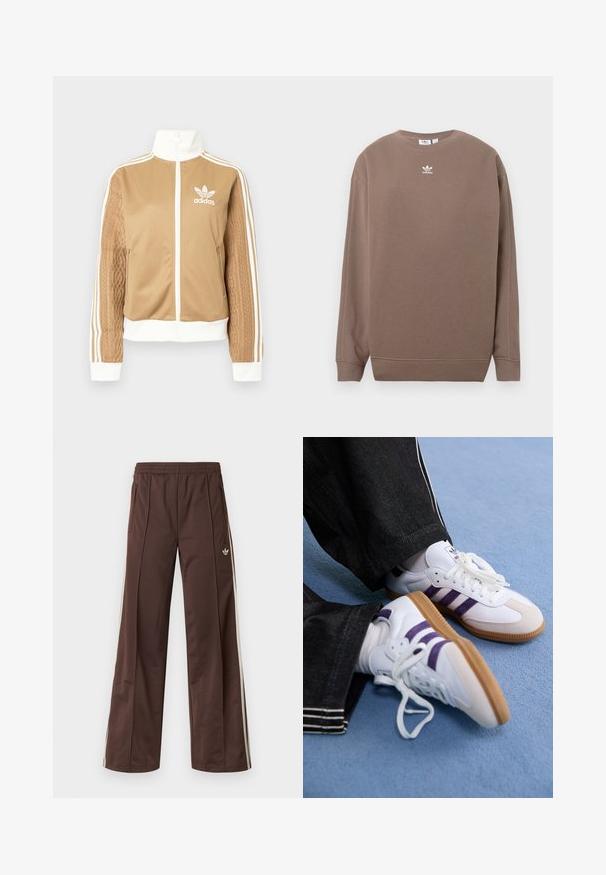 Barna, cipzáras dzseki fehér díszítésekkel és három fehér csíkkal a hajtókákon. Az egyik hajtókán texturált szövet mintázat található. Az Adidas logo a mellkason.; Barna pulóver puha szövetből, kerek nyakkivágással, hosszú ujjú, mellrészen fehér Adidas logóval. Egyszerű dizájn, minták nélkül.; Barna sportnadrág széles szárú kialakítással, fehér oldalsávokkal, rugalmas derékpánttal és két oldalzsebbel. Kis logó található a lábon.; Fehér sportcipők lila csíkokkal és barna gumitalppal, kerek fűzőkkel és párnázott nyakrésszel. Sötét farmernadrággal viselve.
