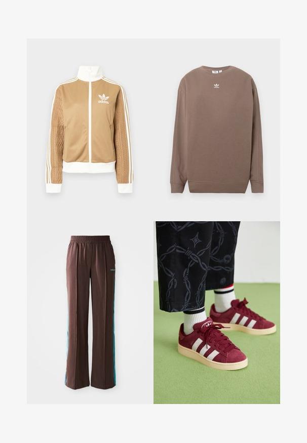 Brun zip-up jakke med hvite detaljer og tre hvite striper på ermene. Har et teksturert vevd design på den ene ermen. Adidas-logo på brystet.; Brun genser laget av mykt stoff, med rund hals, lange ermer og en hvit Adidas-logo på brystet. Enkel design uten mønster.; Brune sporty bukser med ribbet tekstur, elastisk talje og turkise side striber. Har adidas-logoet på forsiden.; adidas Originals CAMPUS 00S W - Skatesko - shadow red/off white/preloved crimson