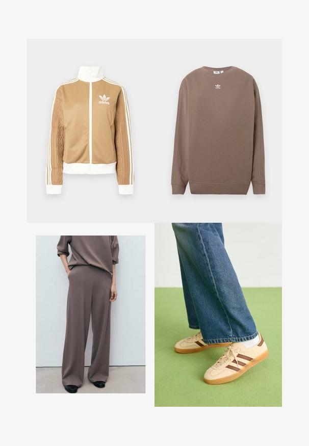 Tan-zip-Jacke mit weißen Akzenten und drei weißen Streifen an den Ärmeln. Besitzt ein strukturiertes Gewebedesign an einem Ärmel. Adidas-Logo auf der Brust.; Brauner Pullover aus weichem Stoff mit Rundhalsausschnitt, langen Ärmeln und weißem Adidas-Logo auf der Brust. Schlichtes Design ohne Muster.; Lässige braune Stoffhosen mit hoher Taille, weitem Bein und seitlichen Taschen, kombiniert mit einem passenden übergroßen Oberteil.; Beige Sneakers mit strukturierten cremefarbenen Paneelen und braunen Streifen, kombiniert mit blauen Jeans. Die Jeans haben einen weiten Beinschnitt und einen fransigen Saum.