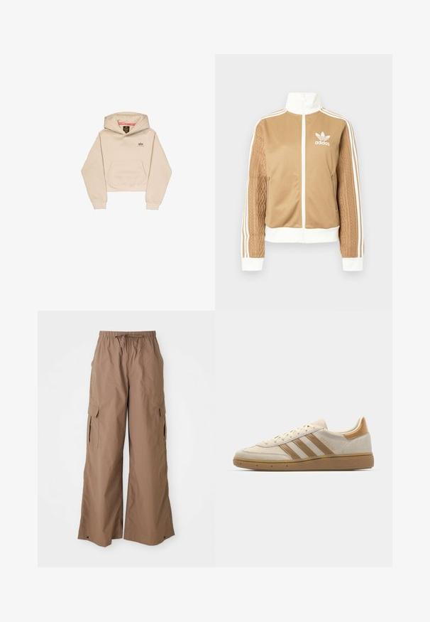 Hnedá mikina na zips s bielymi akcentmi a tromi bielymi pruhmi na rukávoch. Obsahuje textúrovaný tkaný vzor na jednom rukáve. Logo Adidas na hrudi.; Skraťená béžová mikina s kapucňou vyrobená z mäkkého materiálu, s predným vreckom, kapucňou a malým logom na hrudi. Hladká textúra a voľný strih.; Hnedé voľné cargo nohavice s elastickým pásom a bočnými vreckami s klopou, s širokým strihom, vystavené na bielom pozadí.; Béžové semišové tenisky s svetlohnedými akcentmi. Obsahujú tri hnedé pruhy, štruktúrovanú gumovú podrážku a zaoblený dizajn špičky.