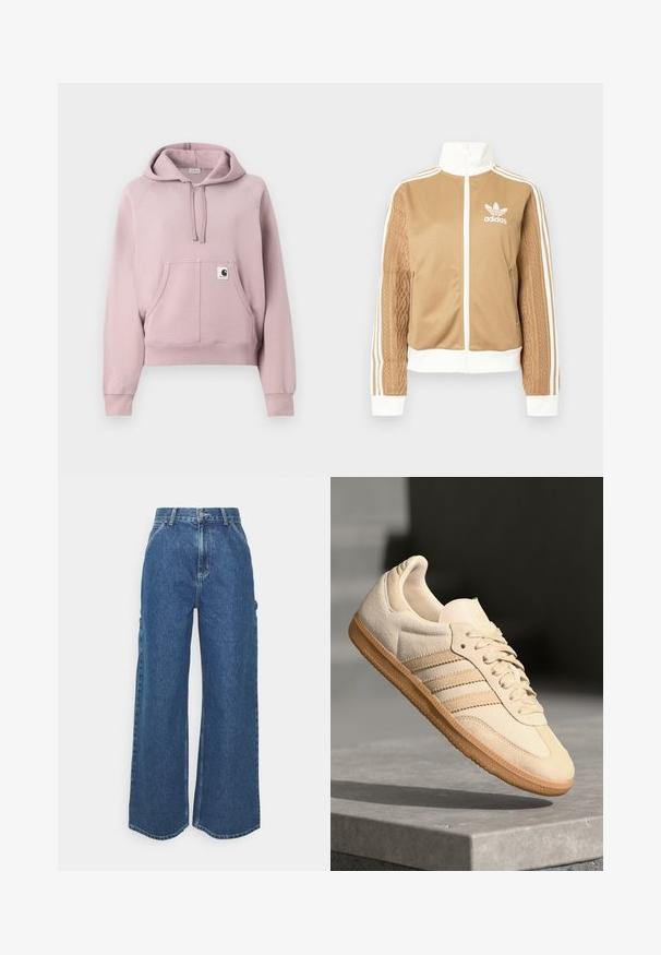 Tan zip-up jacka med vita accenter och tre vita ränder på ärmarna. Har en texturerad vävd design på en ärm. Adidas-logotyp på bröstet.; Ljust rosa hoodie i mjuk bomullsblandning, med en stor framficka, snodd i huvan och ribbade ärmslut. Enkel design med en logotagg.; Breda ljusblå denimbyxor med hög midja, kontrasterande sömmar och sidofickor, som har en klassisk femficksdesign och råa kanter.; Ljusbeige mockasneaker med gummisula, tre diagonala ränder och en texturerad tåhuvud. Har logotyp på tungan och sidan.