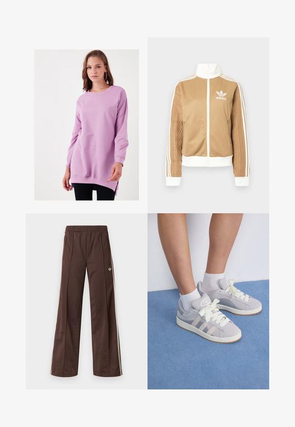 Tamni zip-up jakna s bijelim naglascima i tri bijele pruge na rukavima. Ima teksturirani tkaninski uzorak na jednom rukavu. Adidas logo na prsima.; Ljubičasti dukserica, dugih rukava, s okruglim izrezom, od mekog materijala. Ima bočne proreze na rubu za lakše kretanje i opušteno pristajanje.; Smeđe sportske hlače širokih nogavica, s bijelim bočnim prugama, elastičnim pojasom i dva bočna džepa. Na nozi se nalazi mali logo.; Sivi velur tenisice s bijelim vezicama i gumenim potplatom, sa tri dijagonalne pruge sa strane i oznakom na jeziku.