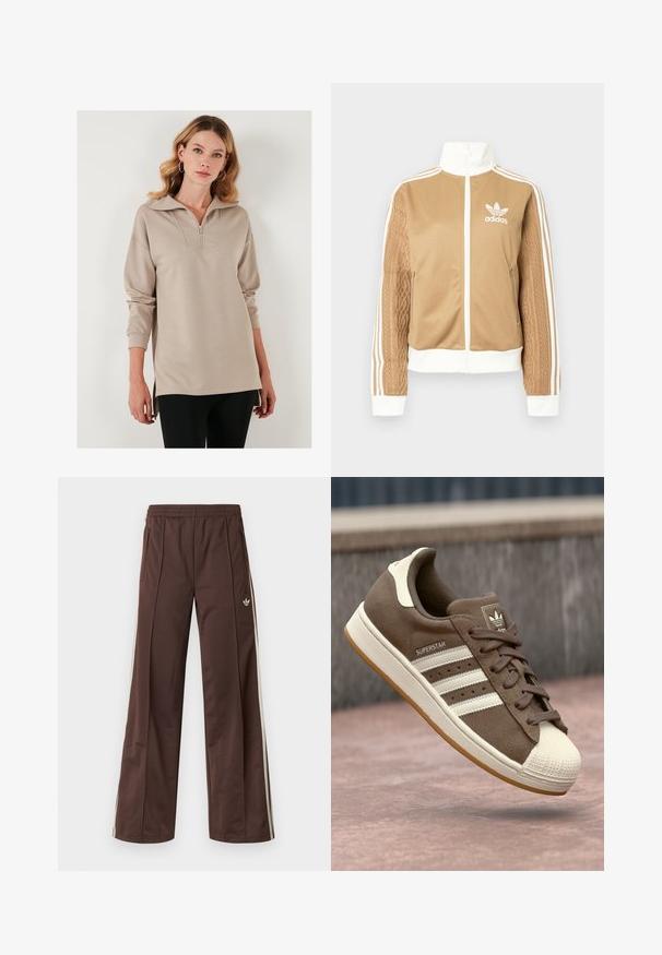 Jachetă zip-up de culoare bej cu accente albe și trei dungi albe pe mâneci. Prezintă un design țesut texturat pe o mânecă. Logo-ul Adidas pe piept.; Pulover bej cu fermoar pe jumătate în față, guler supradimensionat, mâneci lungi și slituri laterale. Material neted cu croi lejer.; Pantaloni atletici maro cu design cu picior larg, dungi laterale albe, talie elastică și două buzunare laterale. Prezintă un logo mic pe picior.; Adidași din suede maro cu dungi albe, accente crem și vârf din cauciuc. Prezintă un design cu șireturi și o talpă din cauciuc texturată.