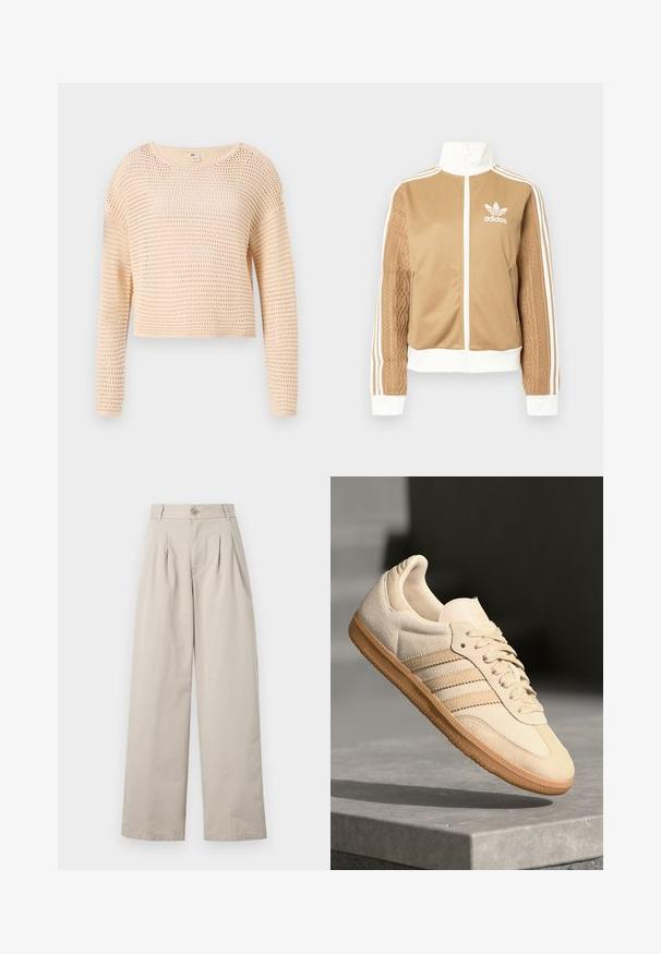Tan zip-up jack met witte accenten en drie witte strepen op de mouwen. Heeft een gestructureerd geweven ontwerp op één mouw. Adidas-logo op de borst.; Lichtbeige cropped sweater met een gebreid netpatroon, lange mouwen, ronde halslijn en ribgebreide zoom. Zachte, gestructureerde stof.; Beige wijde broek van katoen met voorplooien, een knoopsluiting, riemlussen en een gladde textuur.; Lichtbeige suède sneaker met een gumrubberen buitenzool, drie diagonale strepen en een textuur op de neus. Voorzien van een logo op de tong en de zijkant.