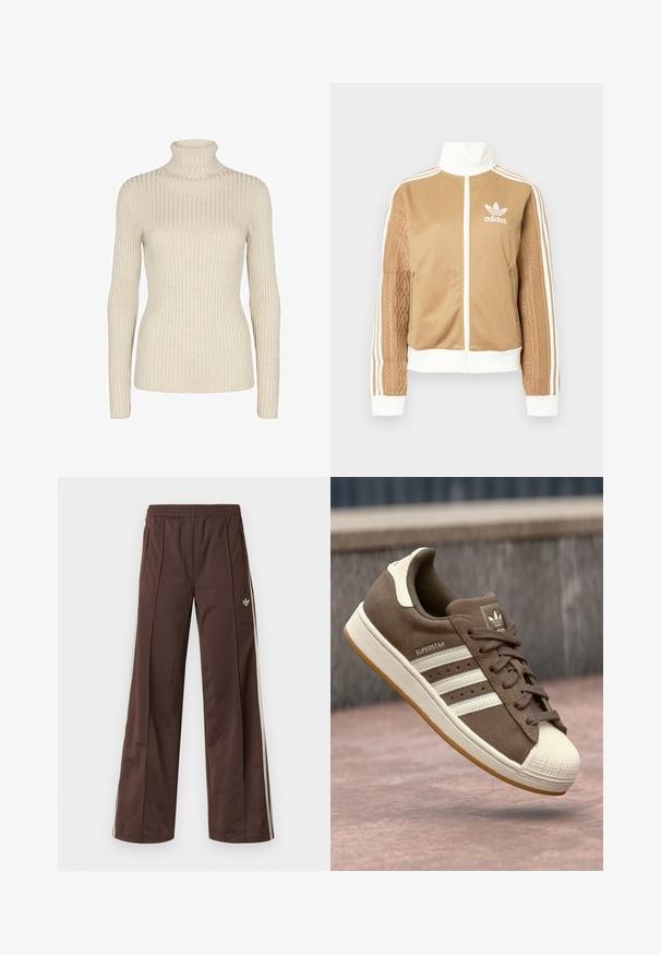 Giacca a zip tan con accenti bianchi e tre strisce bianche sulle maniche. Presenta un design tessuto testo su una manica. Logo Adidas sul petto.; Maglione a collo alto beige a coste realizzato in tessuto morbido, con maniche lunghe e una vestibilità aderente senza decorazioni.; Pantaloni sportivi marroni con design a gamba larga, strisce laterali bianche, coulisse elastica in vita e due tasche laterali. Presentano un piccolo logo sulla gamba.; Sneaker in suede marrone con strisce bianche, accenti crema e punta in gomma. Presenta un design con lacci e una suola in gomma testurizzata.