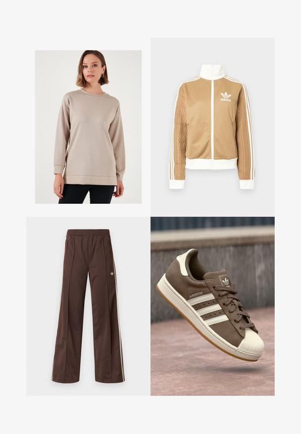Tan zip-up jacket with white accents and three white stripes on sleeves. Features textured woven design on one sleeve. Adidas logo on chest.; Light beige sweatshirt with a round neckline, long sleeves, and a relaxed fit. Features a smooth texture and ribbed cuffs and hem.; Brown athletic pants with a wide-leg design, white side stripes, an elastic waistband, and two side pockets. Features small logo on the leg.; Brown suede sneaker with white stripes, cream accents, and a rubber shell toe. Features lace-up design and textured gum sole.