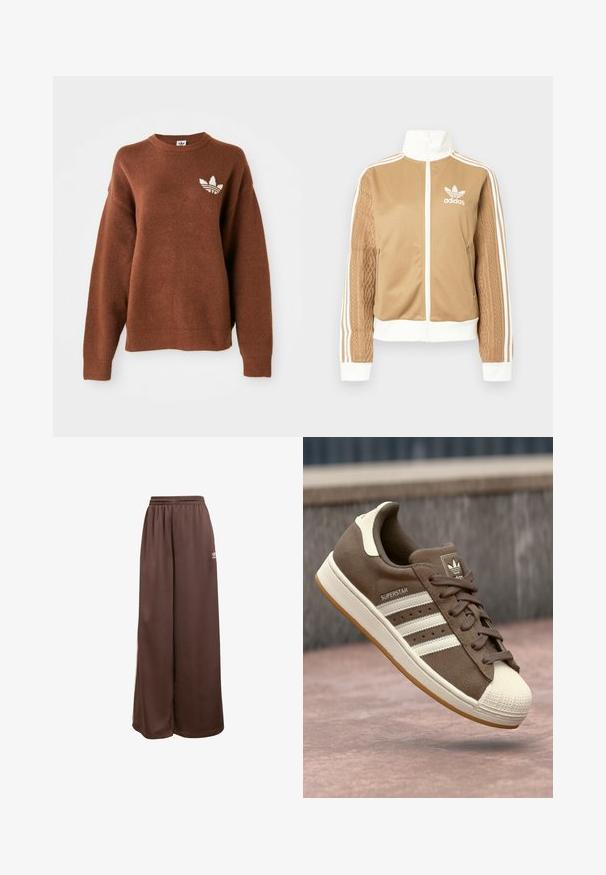 Brun zip-up jakke med hvite detaljer og tre hvite striper på ermene. Har et teksturert vevd design på den ene ermen. Adidas-logo på brystet.; Brun strikket genser med rund hals, droppede skuldre, ribbede mansjetter og en brodert hvit logo på venstre bryst.; adidas Originals Joggebukse - auburn cream white; Brune semsket sneakers med hvite striper, kremfargede detaljer og gummiskalltå. Har snøring og teksturert gummisåle.