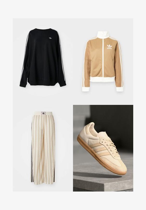 Hnědá zipová bunda s bílými akcenty a třemi bílými pruhy na rukávech. Obsahuje texturovaný tkaný design na jednom rukávu. Logo Adidas na hrudi.; Černá oversized mikina z měkké tkaniny s bílými pruhy na rukávech a malým logem na hrudi. Kračtí výstřih.; Krémové široké kalhoty s cikcak vzorem, s černým logem na pásu a černými pruhy po stranách. Lehčí, texturovaná tkanina.; Světlé béžové semišové tenisky s gumovou podrážkou, třemi diagonálními pruhy a texturovanou špičkou. Na jazyku a boku se nachází logo.
