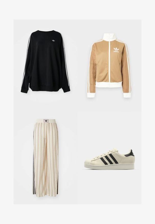 Casaco de fecho éclair em tom de bege com detalhes brancos e três riscas brancas nas mangas. Apresenta um design texturizado na trama de uma das mangas. Logotipo da Adidas no peito.; Sweatshirt oversized preto em tecido suave, com riscas brancas nas mangas e um pequeno logótipo no peito. Decote redondo.; Calças largas de cor creme com um padrão em zigzag, apresentando uma cintura com logotipo preto e riscas laterais pretas. Tecido leve e texturizado.; Sapatilhas brancas de couro com riscas pretas, bico redondo, sola de borracha, upper texturizado e sistema de atacadores. Apresentam o logotipo no calcanhar.