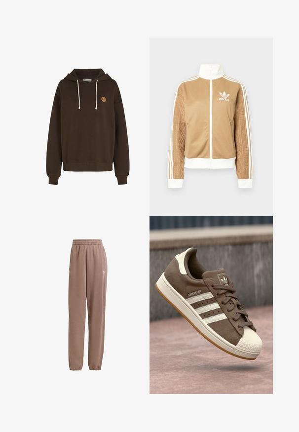 Kraevis sisekavaga jakki valgete aktsentidega ja kolme valge triibuga varrukatel. Ühel varrukal on tekstureeritud kootud muster. Adidas'i logo rinnal.; Pruun puuvillane kapuutsiga sviiter, millel on reguleeritavad nöörid, soonikkäised ja väike logotäpp ees. Mugav ja lõdva disain.; Pruunid dressipüksid, mis on valmistatud pehmest kangast. Neil on elastne vöökoht, küljetaskud ja elastsed ääred ning valge logo aktsent.; Pruunist nubukist tennisjalanõud valgete triipude, kreemjate aktsentide ja kummist toe-kate'ga. Omab nööridega sulgemist ja tekstuurset kummist talla.