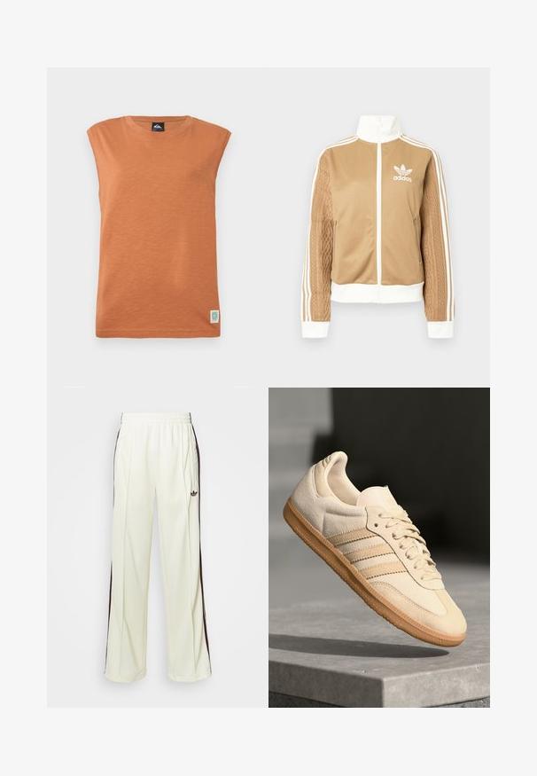 Barna, cipzáras dzseki fehér díszítésekkel és három fehér csíkkal a hajtókákon. Az egyik hajtókán texturált szövet mintázat található. Az Adidas logo a mellkason.; Narancssárga, ujjatlan póló puha, textúrált anyagból. Kerek nyakkivágás, az alsó bal sarkon egy kis logóval ellátott folt.; Krémszínű, laza szabású melegítőnadrág, sötétbarna oldalsávokkal és hímzett logóval a bal combon.; Világos bézs velúr sportcipő, gumitalppal, három átlós csíkkal és texturált orral. A díszítés a nyelven és az oldalon található.