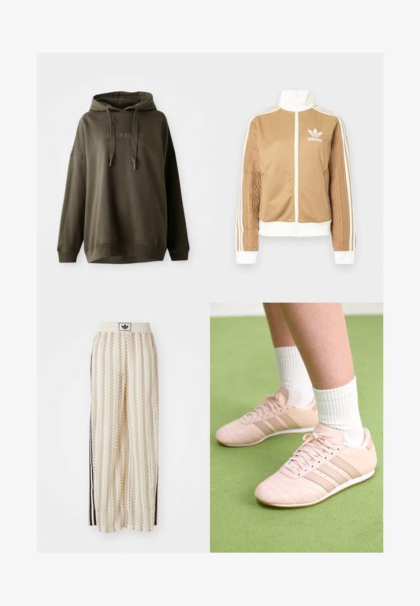 Casaco de fecho éclair em tom de bege com detalhes brancos e três riscas brancas nas mangas. Apresenta um design texturizado na trama de uma das mangas. Logotipo da Adidas no peito.; Hoodie verde olive escuro feito de uma mistura suave de algodão, com um bolso canguru frontal, capuz com cordão e logótipo em relevo no peito.; Calças largas de cor creme com um padrão em zigzag, apresentando uma cintura com logotipo preto e riscas laterais pretas. Tecido leve e texturizado.; Ténis atléticos rosa claro com costura diagonal, solas brancas e três riscas laterais. Usados com meias brancas com nervuras sobre uma superfície verde.