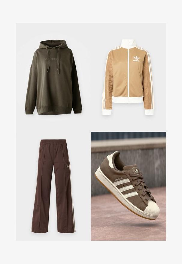 Tā tan krāsa zip-up jakas ar baltajiem akcentiem un trim baltām svītrām uz piedurknēm. Izceļas ar teksturētu aušanas dizainu uz vienas piedurknes. Adidas logo uz krūšu daļas.; Tumši olīvu zaļš kapuci džemperis, kas izgatavots no mīksta kokvilnas maisījuma, ar priekšējo kangaru kabatu, aizmugurē pull-viņas kapuci un reljefu logotipu uz krūtīm.; Brūnas sporta bikses ar platu kāju dizainu, baltām sānu svītrām, elastīgu jostasvietu un divām sānu kabatām. Uz kājas ir mazs logotips.; Brūni zamšādas sporta apavi ar baltām svītrām, krēmkrāsas akcentiem un gumijas purngalu. Piedāvā saistīšanas dizainu un teksturētu gumijas zoli.