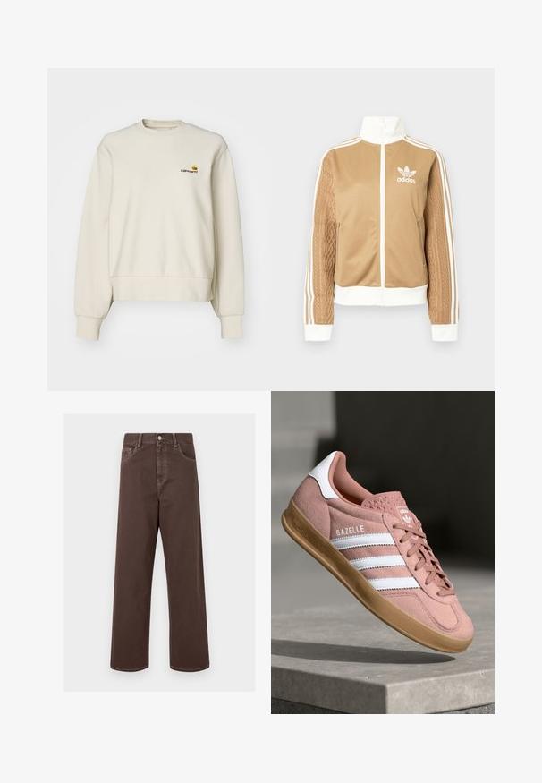 Tan zip-up jacket with white accents and three white stripes on sleeves. Features textured woven design on one sleeve. Adidas logo on chest.; Cream-colored sweatshirt made of soft fabric, featuring a round neckline, ribbed cuffs, and a small embroidered logo on the chest.; Brown wide-leg denim pants with contrasting stitching, five pockets, and a metal button closure. Smooth texture, straight cut.; Pink suede sneaker with white stripes, rubber gum sole, textured upper, and logo on tongue. Classic low-top design.