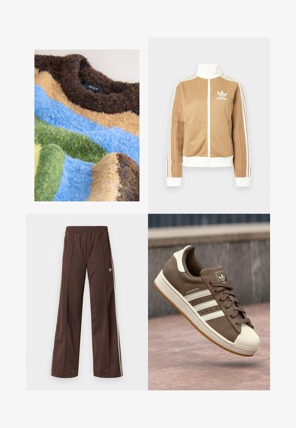 Giacca a zip tan con accenti bianchi e tre strisce bianche sulle maniche. Presenta un design tessuto testo su una manica. Logo Adidas sul petto.; Maglione con trama a strisce orizzontali nei toni del marrone, blu, giallo e verde, realizzato in filato peloso. Etichetta del marchio visibile.; Pantaloni sportivi marroni con design a gamba larga, strisce laterali bianche, coulisse elastica in vita e due tasche laterali. Presentano un piccolo logo sulla gamba.; Sneaker in suede marrone con strisce bianche, accenti crema e punta in gomma. Presenta un design con lacci e una suola in gomma testurizzata.