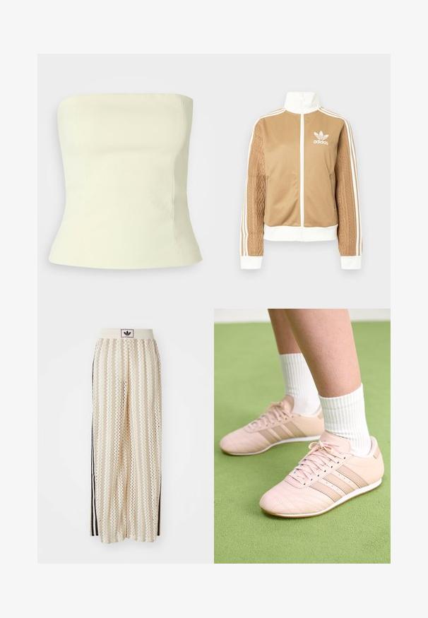 Brun zip-up jakke med hvite detaljer og tre hvite striper på ermene. Har et teksturert vevd design på den ene ermen. Adidas-logo på brystet.; Strapless tube top i lys gul, laget av et teksturert stoff. Snitt som sitter tett med glatte sømmer og en timeglassform. Ingen synlig maskinvare.; Kremfargede bukser med brede ben og zigzag-mønster, med en svart logo-linning og svarte striper på siden. Lett, teksturert stoff.; Lys rosa treningssko med skrå sømmer, hvite såler og tre laterale striper. Brukt med rillede hvite sokker på grønn overflate.