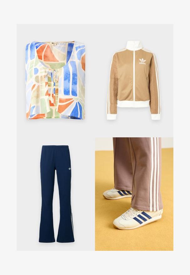 Tan-zip-Jacke mit weißen Akzenten und drei weißen Streifen an den Ärmeln. Besitzt ein strukturiertes Gewebedesign an einem Ärmel. Adidas-Logo auf der Brust.; Kurzarmbluse aus leichtem Stoff mit einem bunten abstrakten Muster. Die Farben umfassen Blau, Grün, Orange und Creme mit einem Bindedetail.; Marineblaue, gerippte, ausgestellte Trainingshosen mit weißen Seitenstreifen und einem gestickten Logo auf der linken Seite, ausgestattet mit zwei Seitentaschen.; Cremfarbene Sneaker mit blauen Wildlederstreifen, weißen Schnürsenkeln und einer Gummisohle. Kombiniert mit grauen Jogginghosen mit weißen Seitenstreifen.