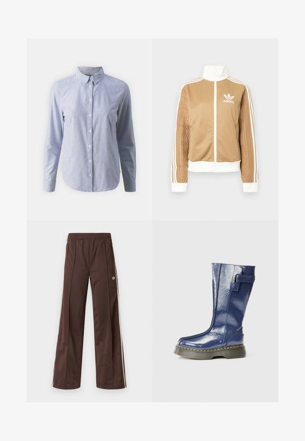 Tan-zip-Jacke mit weißen Akzenten und drei weißen Streifen an den Ärmeln. Besitzt ein strukturiertes Gewebedesign an einem Ärmel. Adidas-Logo auf der Brust.; Eine knöpfbare Bluse in blauen und weißen vertikalen Streifen; lange Ärmel, Kragen und eine glatte Baumwolltextur mit einem geraden Saum.; Braune Sporthose mit weitem Bein, weißen Seitenstreifen, elastischem Bund und zwei Seitentaschen. Mit kleinem Logo am Bein.; Blaue, glänzende kniehohe Stiefel mit runder Zehenform, seitlichem Reißverschluss und vertikalen Nahtdetails. Verfügt über eine dicke, schwarze Plateausohle mit gelben Nähten.